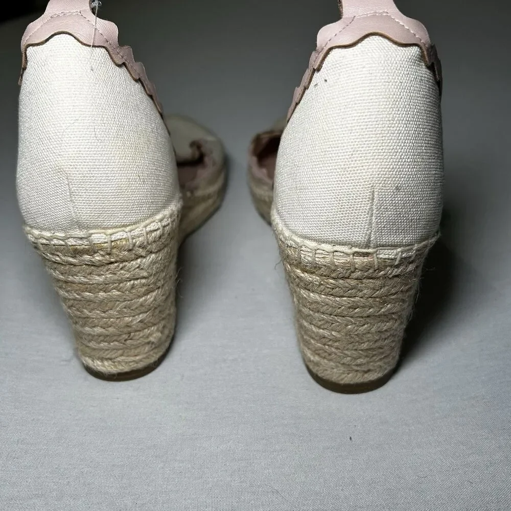 Kate Spade Cream Canvas Espadrille Wedges Scalloped Leather Trim Size 10